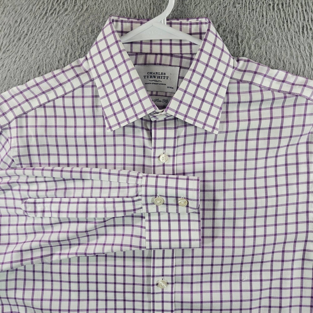 Charles Tyrwhitt Mens‎ 15.5 34 Non Iron Slim Fit Dress Shirt Purple Check White